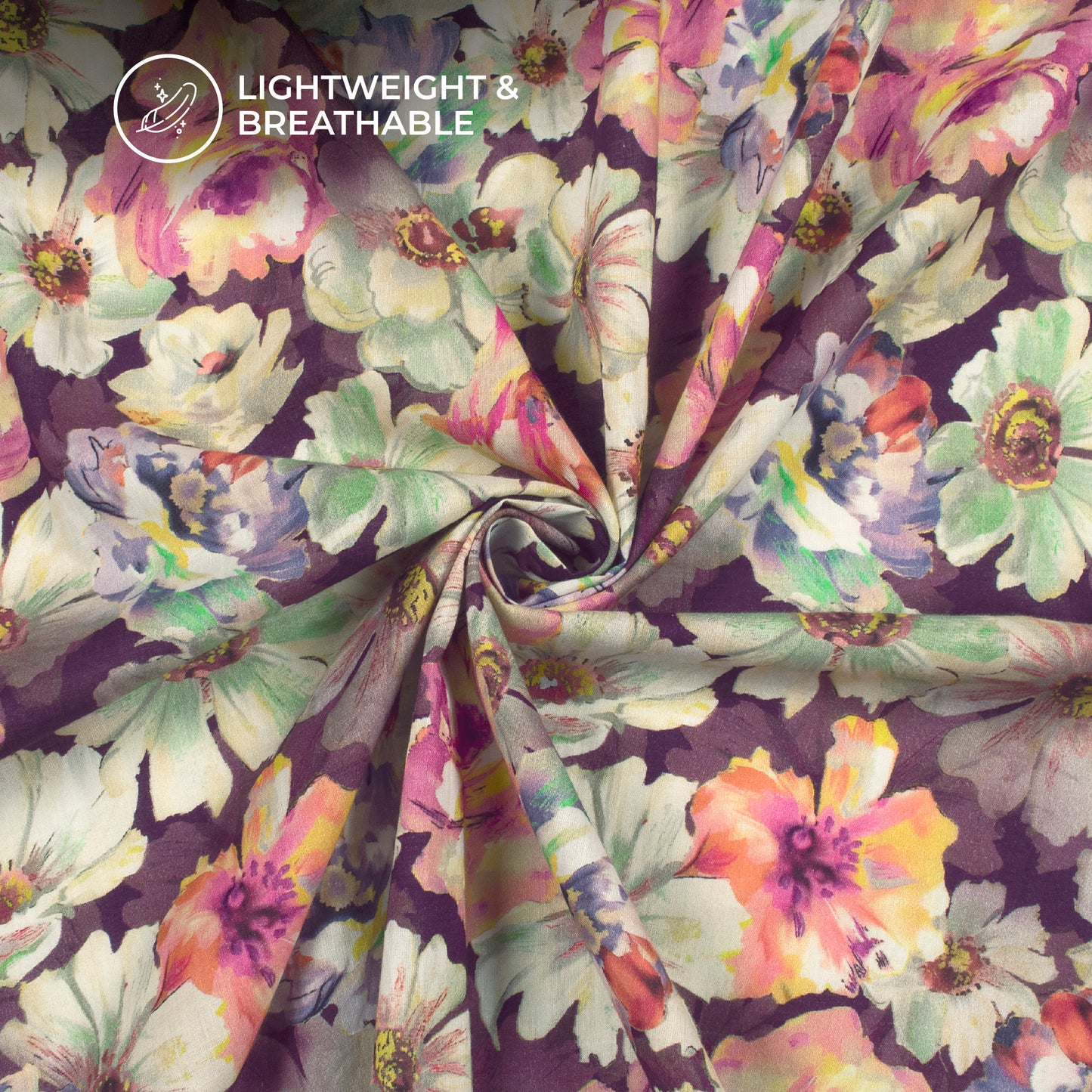 New Abstract Floral On Dark Eggplant Digital Print Cotton Cambric Fabric