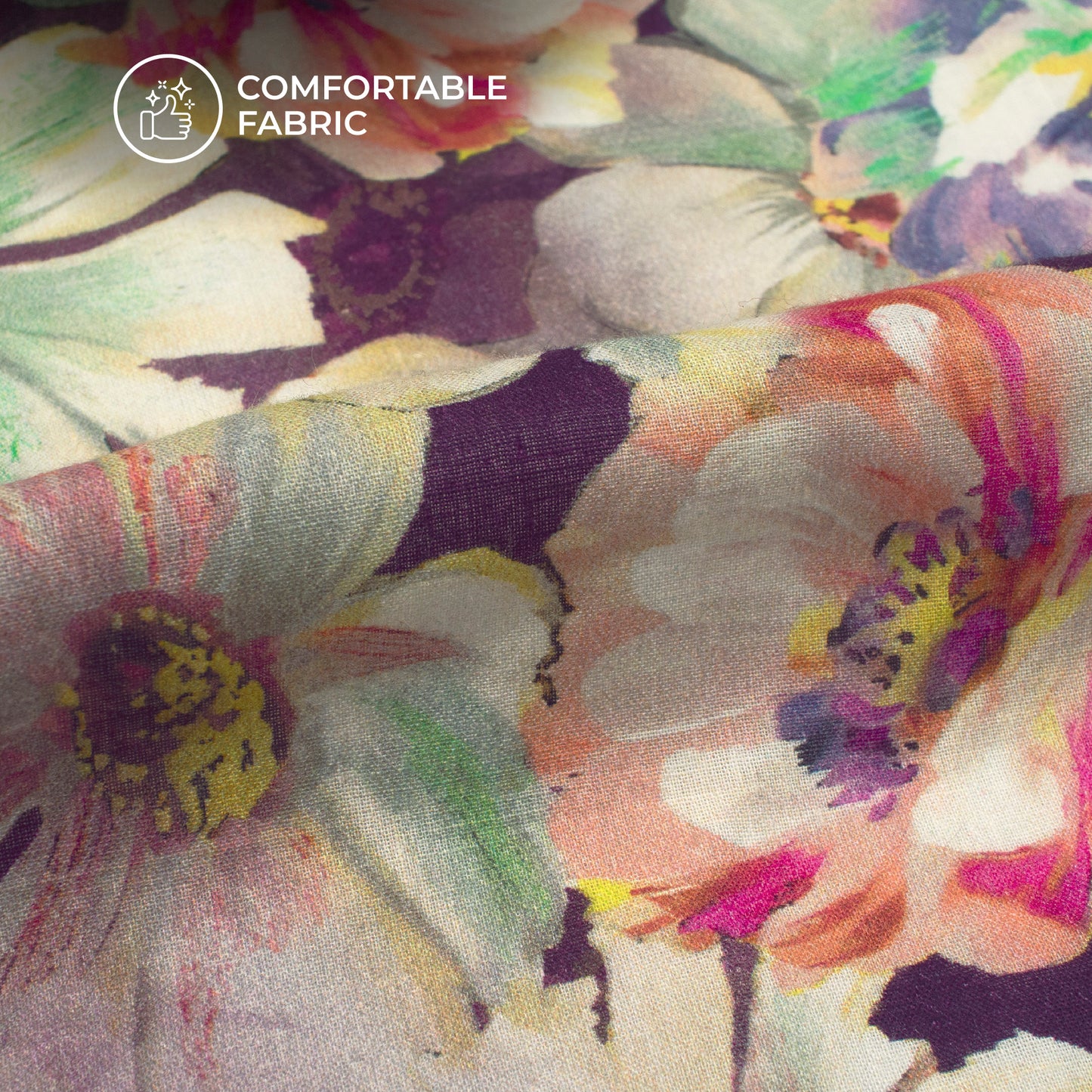 New Abstract Floral On Dark Eggplant Digital Print Cotton Cambric Fabric