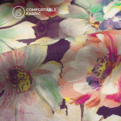New Abstract Floral On Dark Eggplant Digital Print Cotton Cambric Fabric