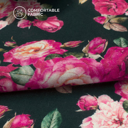 Gulabo Desing On Black Digital Print Cotton Cambric Fabric