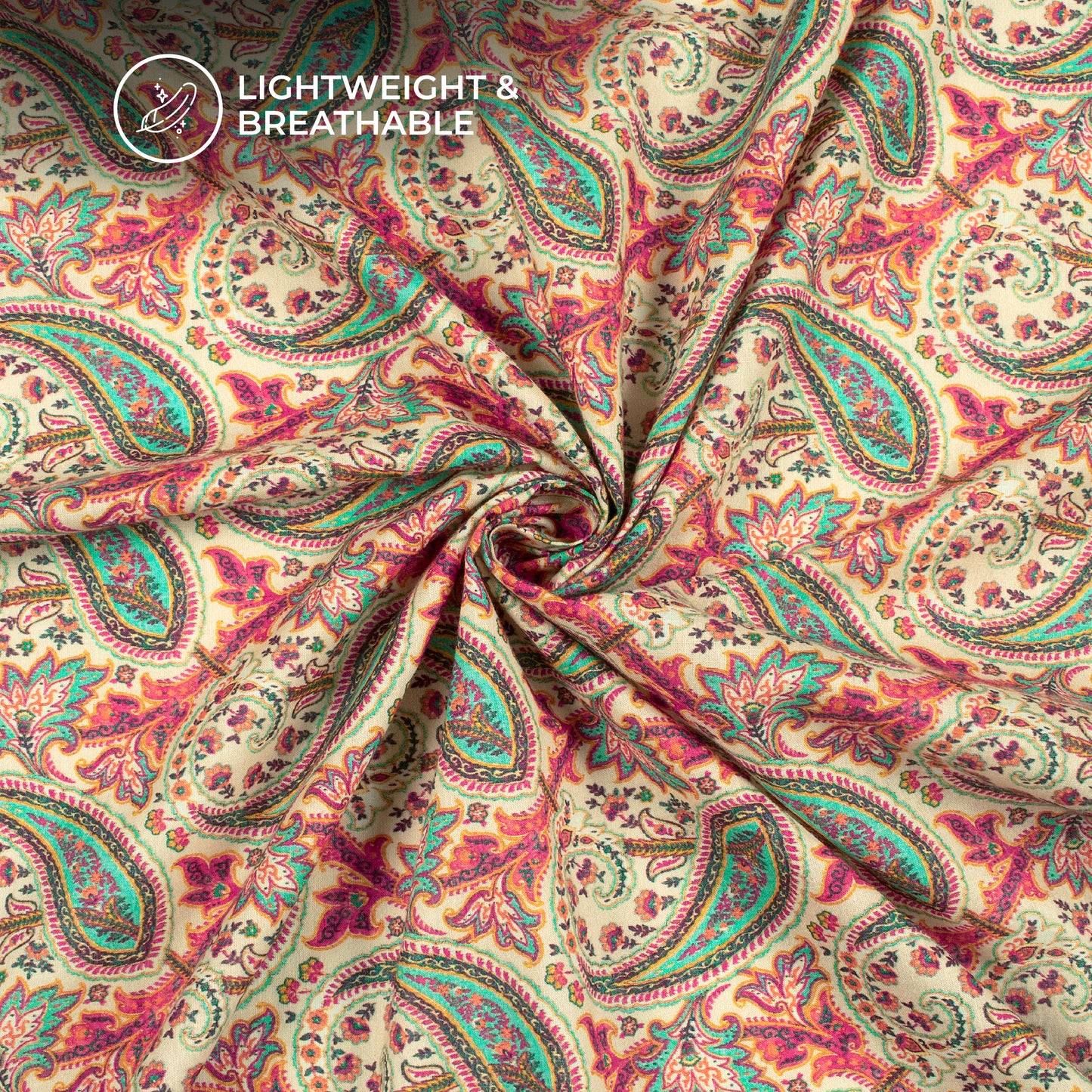 Pink Sleeve And Paisley On Cream Digital Print Cotton Cambric Fabric
