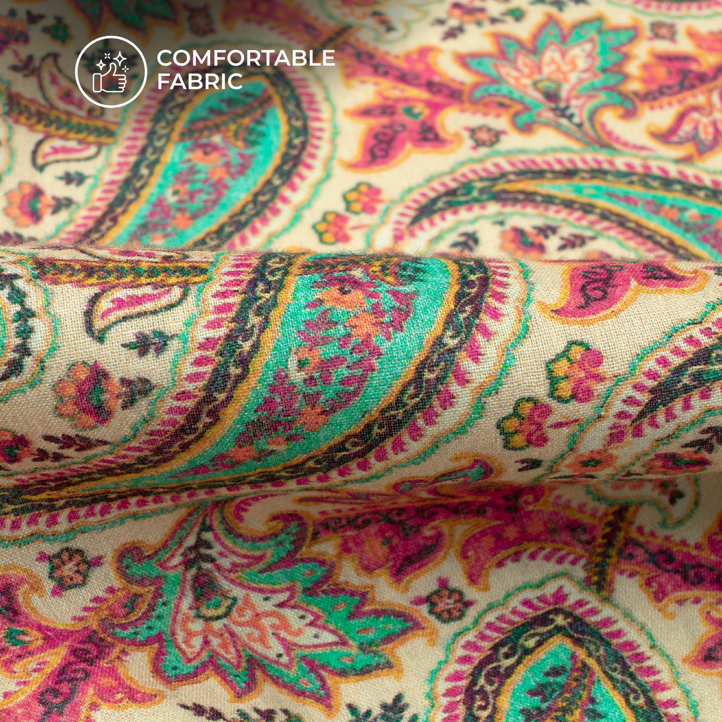Pink Sleeve And Paisley On Cream Digital Print Cotton Cambric Fabric