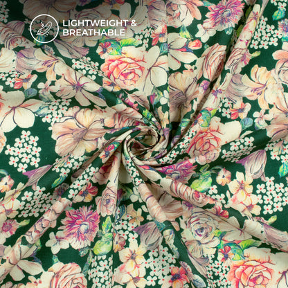 Multi Flowers On Forest Green Digital Print Cotton Cambric Fabric