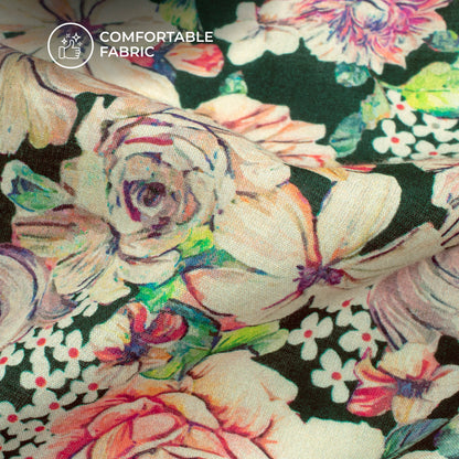Multi Flowers On Forest Green Digital Print Cotton Cambric Fabric