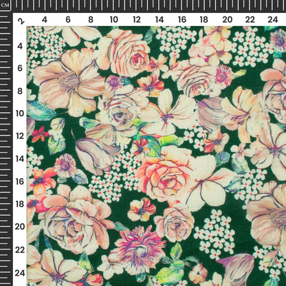Multi Flowers On Forest Green Digital Print Cotton Cambric Fabric