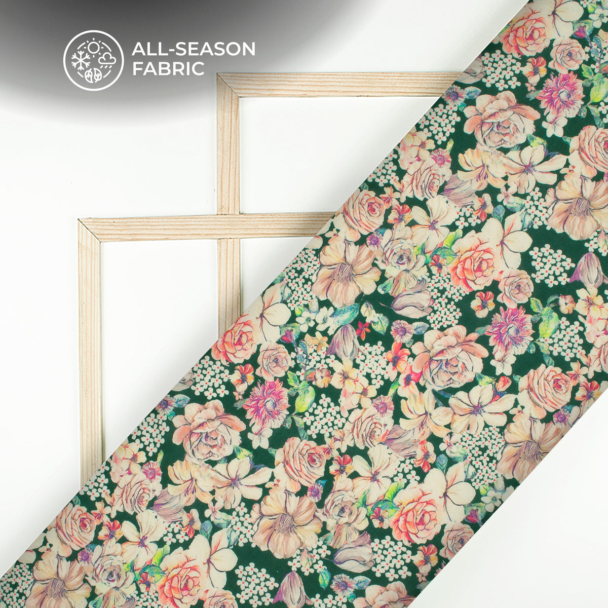 Multi Flowers On Forest Green Digital Print Cotton Cambric Fabric