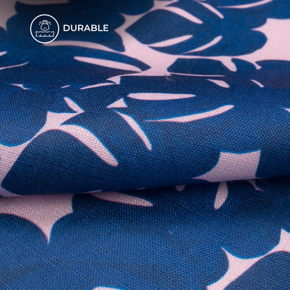 Dark Blue Leaves Digital Print Poly Linen Slub Fabric