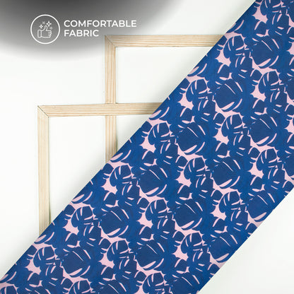 Dark Blue Leaves Digital Print Poly Linen Slub Fabric