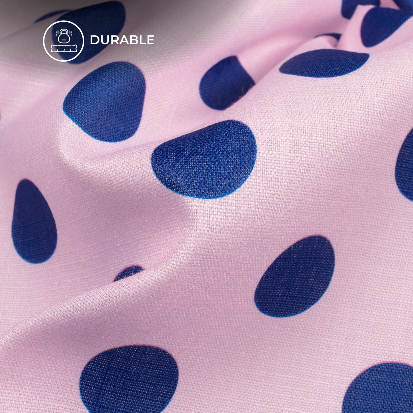 Dark Blue Polka Dots on Pastel Pink Digital Print Poly Linen Slub Fabric