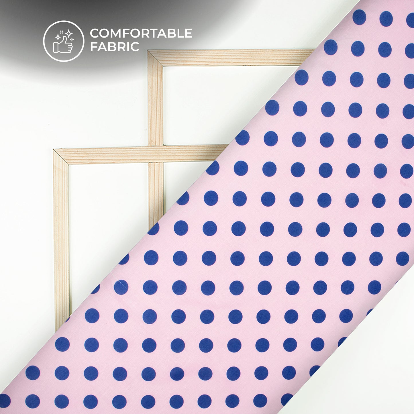 Dark Blue Polka Dots on Pastel Pink Digital Print Poly Linen Slub Fabric