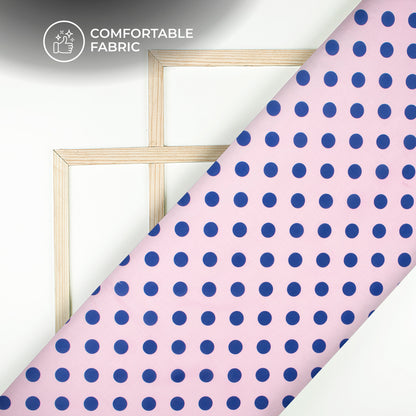 Dark Blue Polka Dots on Pastel Pink Digital Print Poly Linen Slub Fabric
