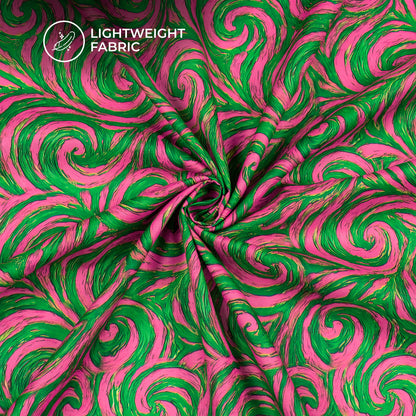 Magenta Pink And Forest Green Warp Abstract Digital Print Poly Linen Slub Fabric