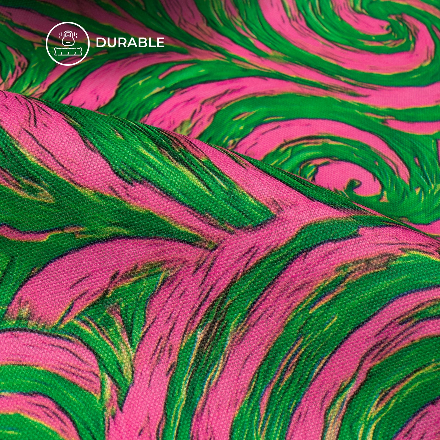 Magenta Pink And Forest Green Warp Abstract Digital Print Poly Linen Slub Fabric