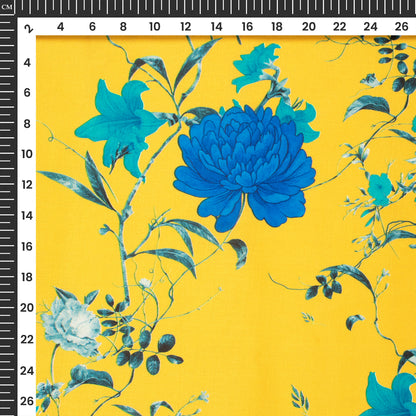 Attractive Indigo Floral Digital Print Poly Linen Slub Fabric