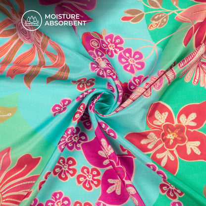 Vintage Aqua Floral Digital Print Viscose Muslin Fabric