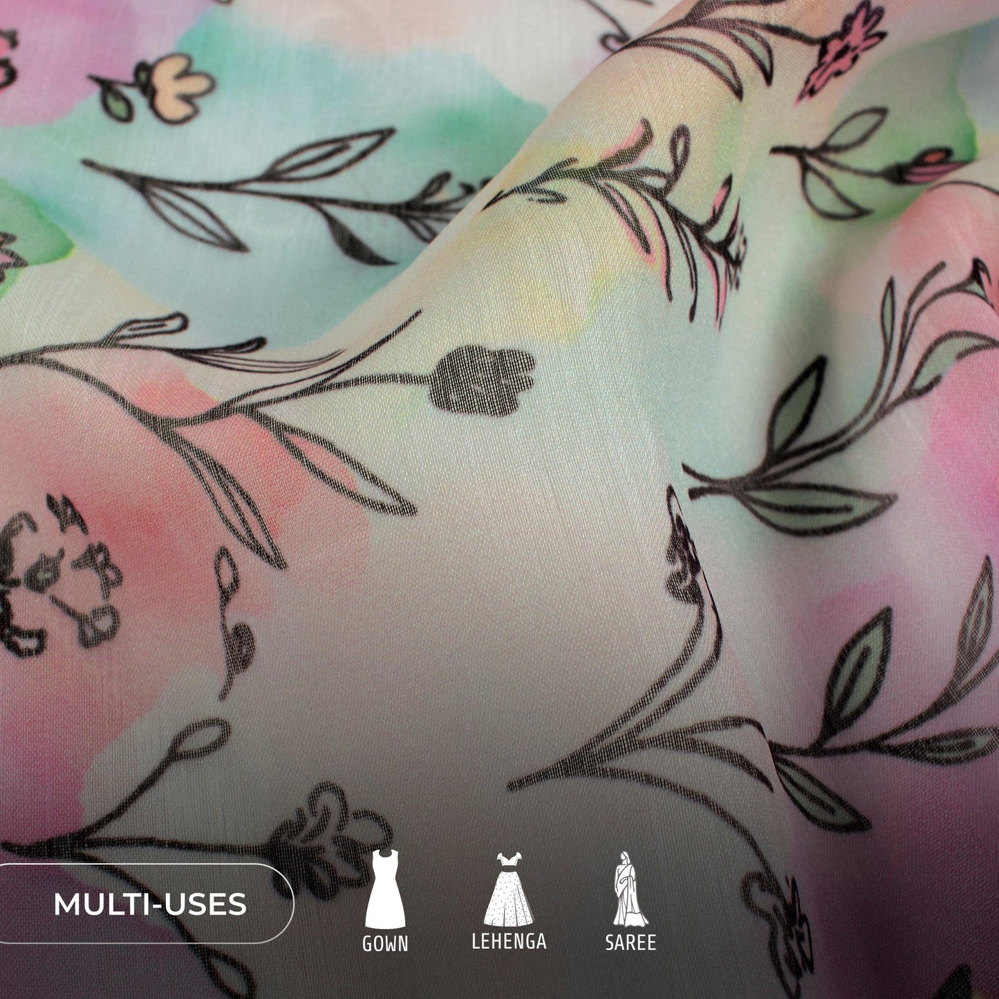 Watercolor Pattern Floral Design Digital Print Poly Chiffon Fabric