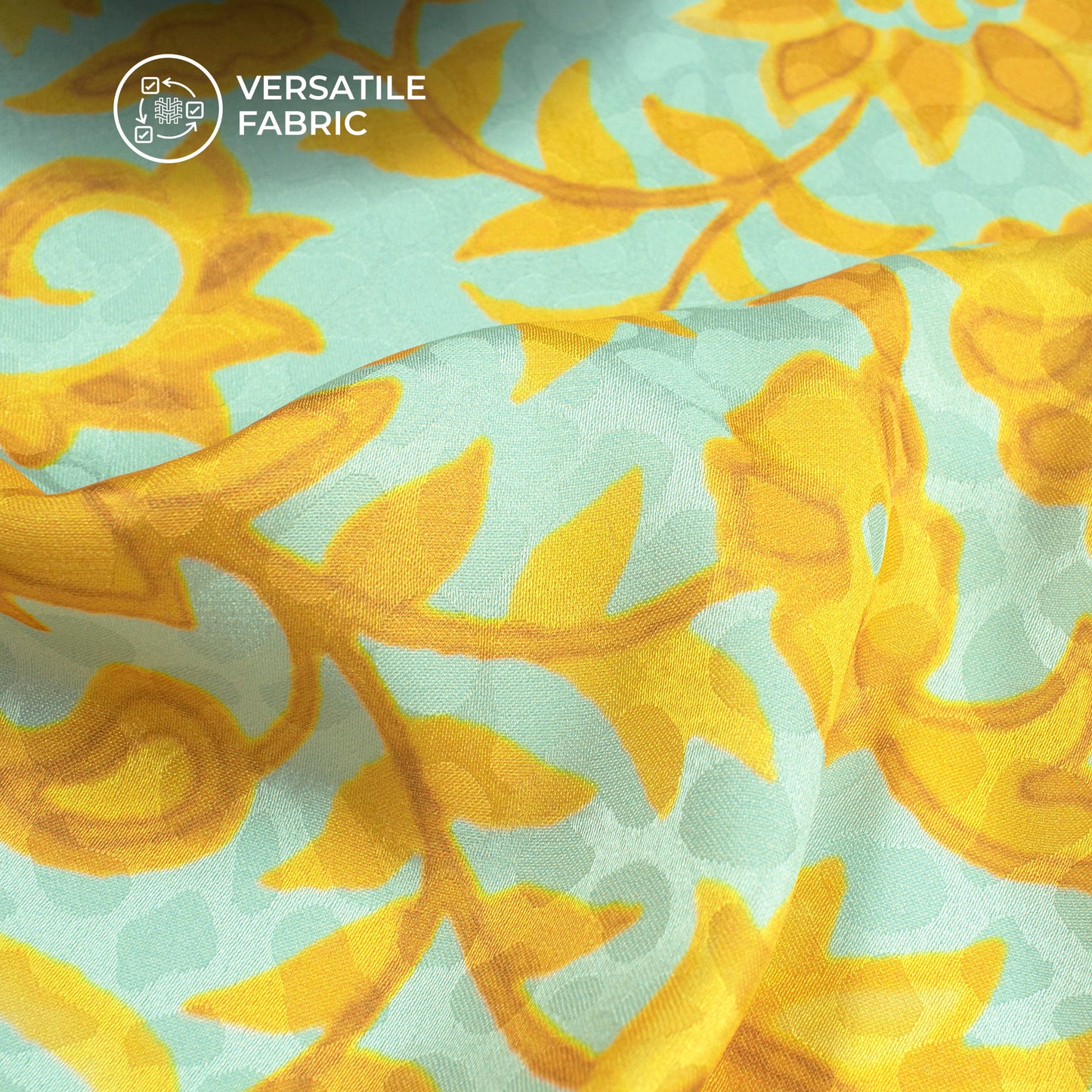 Golden Yellow Paisley Floral Digital Print Dobby Satin Fabric