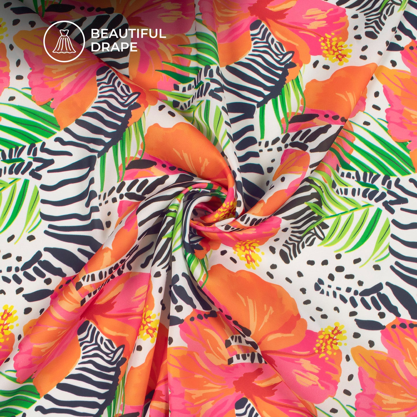 Zebra On Floral Pattern Digital Print Imported Satin Fabric