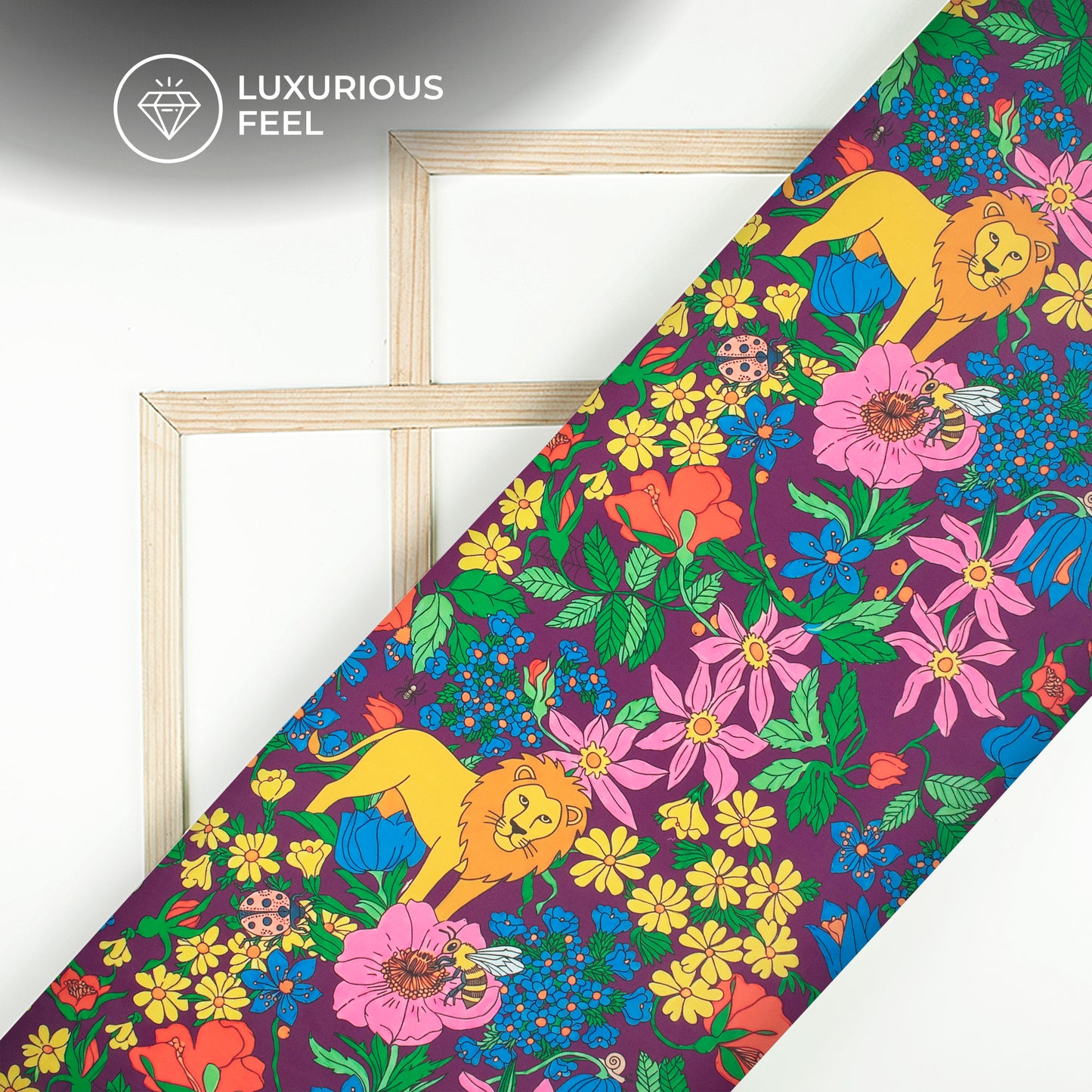 Lion Floral pattern Digital Print Imported Satin Fabric