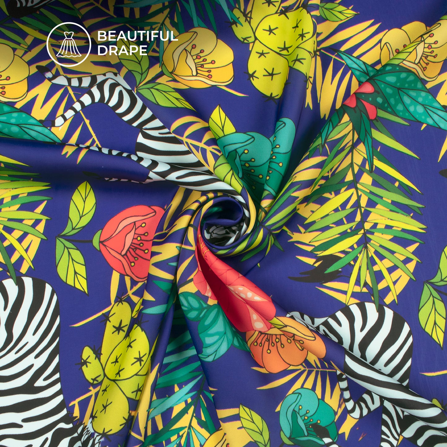 Zebra On Floral Pattern Digital Print Imported Satin Fabric