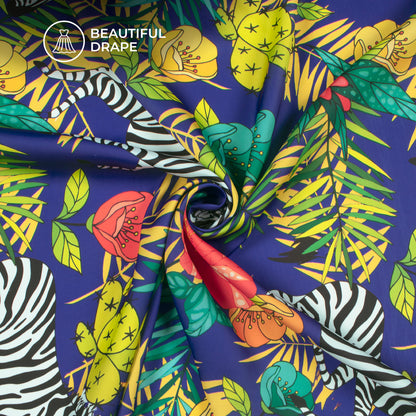 Zebra On Floral Pattern Digital Print Imported Satin Fabric