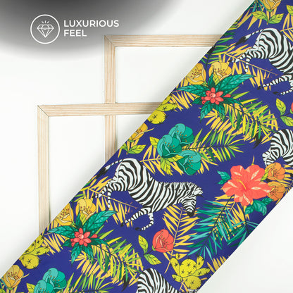 Zebra On Floral Pattern Digital Print Imported Satin Fabric
