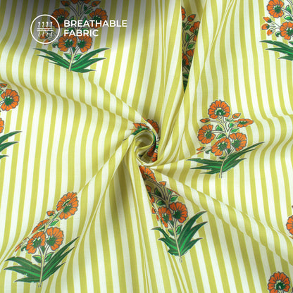Flower On Olive Green Stripes Digital Print Poly Cambric Fabric