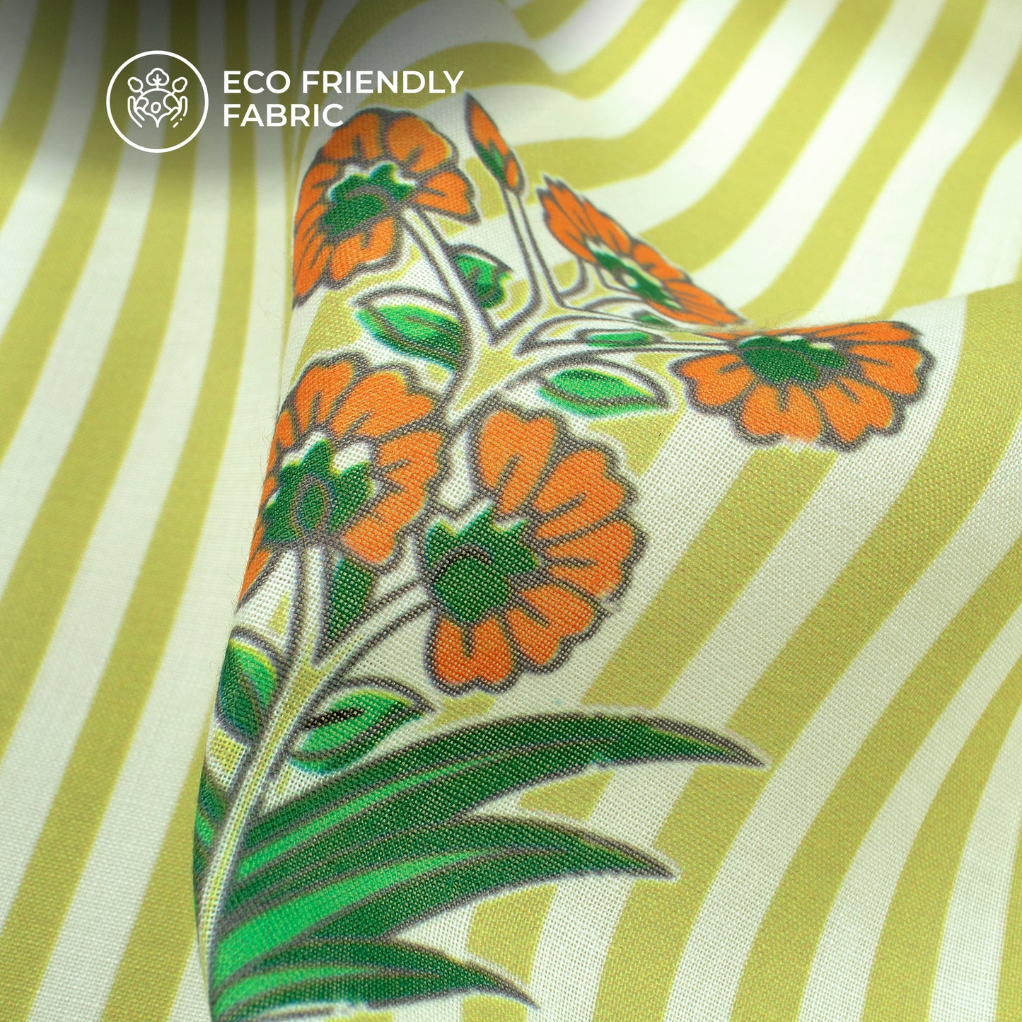 Flower On Olive Green Stripes Digital Print Poly Cambric Fabric