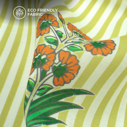 Flower On Olive Green Stripes Digital Print Poly Cambric Fabric