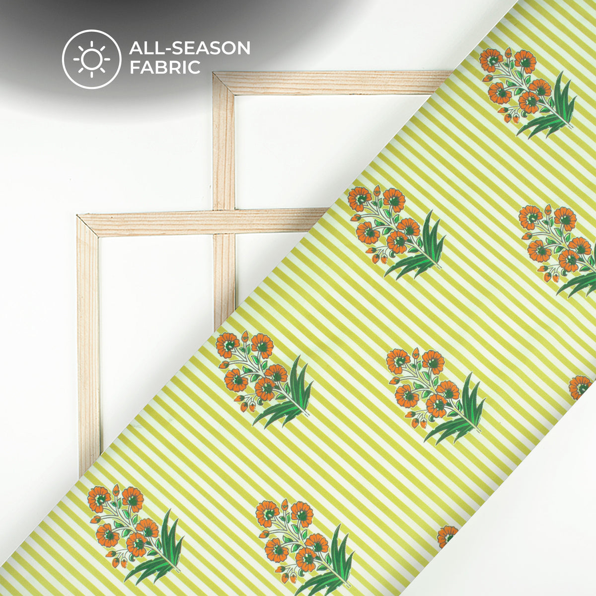 Flower On Olive Green Stripes Digital Print Poly Cambric Fabric