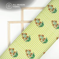 Flower On Olive Green Stripes Digital Print Poly Cambric Fabric