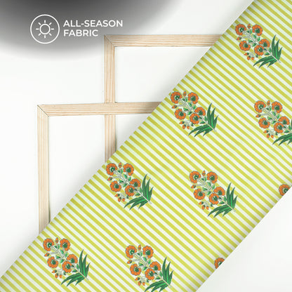 Flower On Olive Green Stripes Digital Print Poly Cambric Fabric