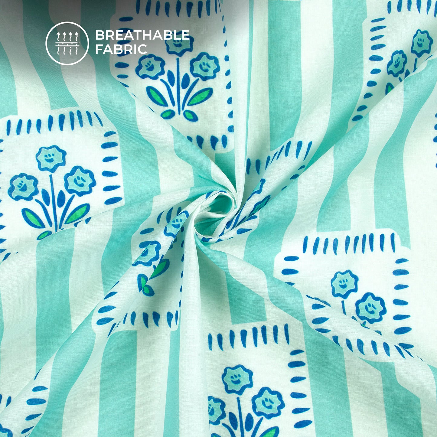 Hand Block Inspired Stripes Floral Digital Print Poly Cambric Fabric