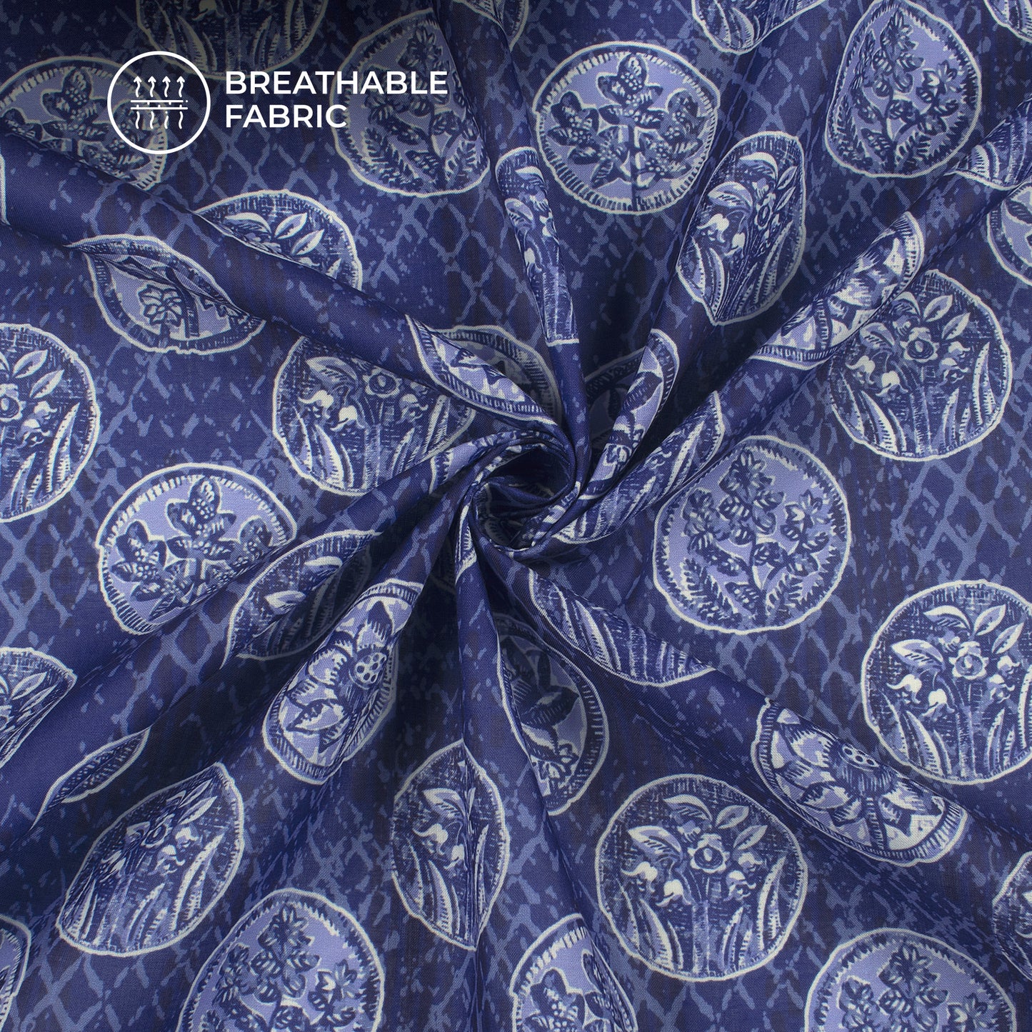 Navy Blue Floral Digital Print Poly Cambric Fabric