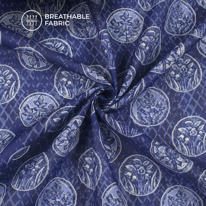 Navy Blue Floral Digital Print Poly Cambric Fabric