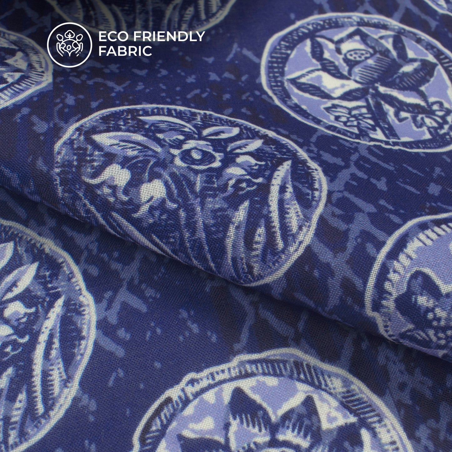 Navy Blue Floral Digital Print Poly Cambric Fabric