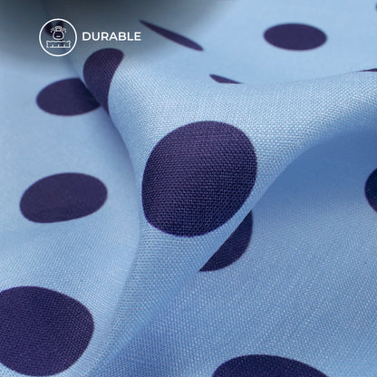 Sky Blue And Indigo Polka Dots Pattern Digital Print Poly Linen Slub Fabric