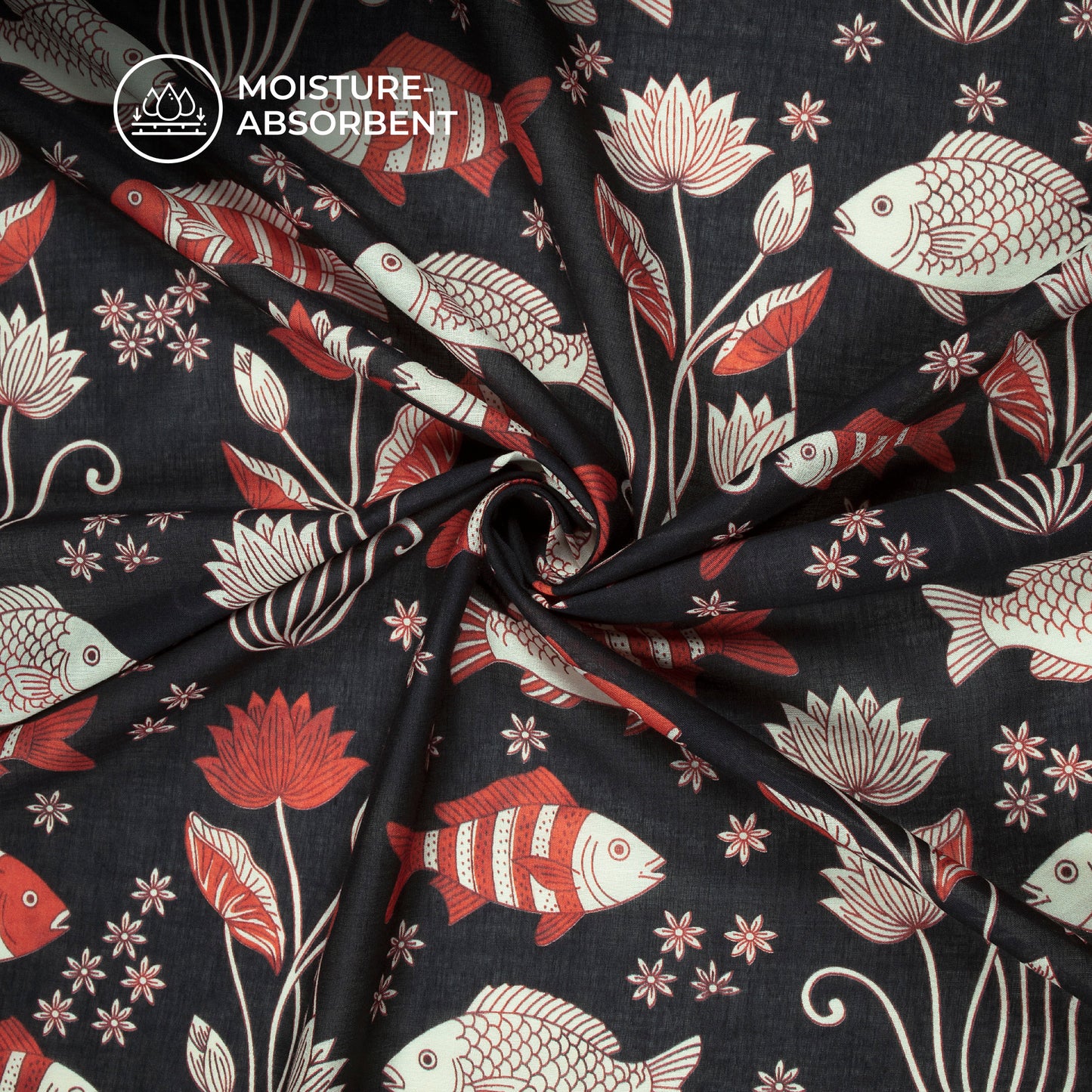 Black Quirky Digital Print Cotton Mulmul Fabric