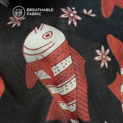 Black Quirky Digital Print Cotton Mulmul Fabric
