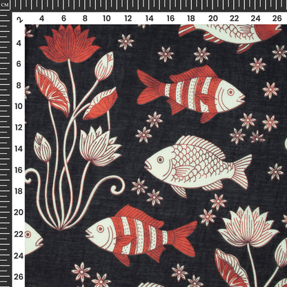 Black Quirky Digital Print Cotton Mulmul Fabric