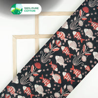 Black Quirky Digital Print Cotton Mulmul Fabric
