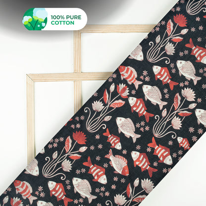 Black Quirky Digital Print Cotton Mulmul Fabric