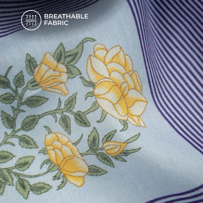 Baby Blue Floral Digital Print Cotton Mulmul Fabric