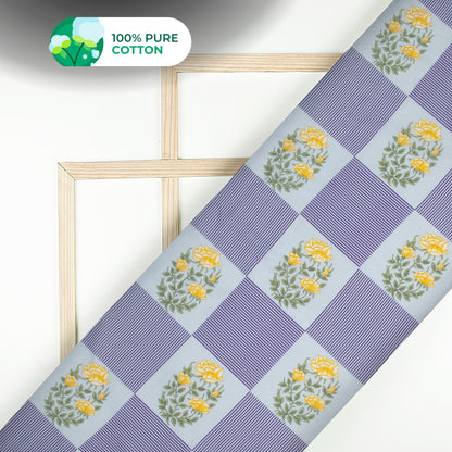Baby Blue Floral Digital Print Cotton Mulmul Fabric