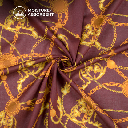 Burnt Umber Chain Digital Print Cotton Mulmul Fabric