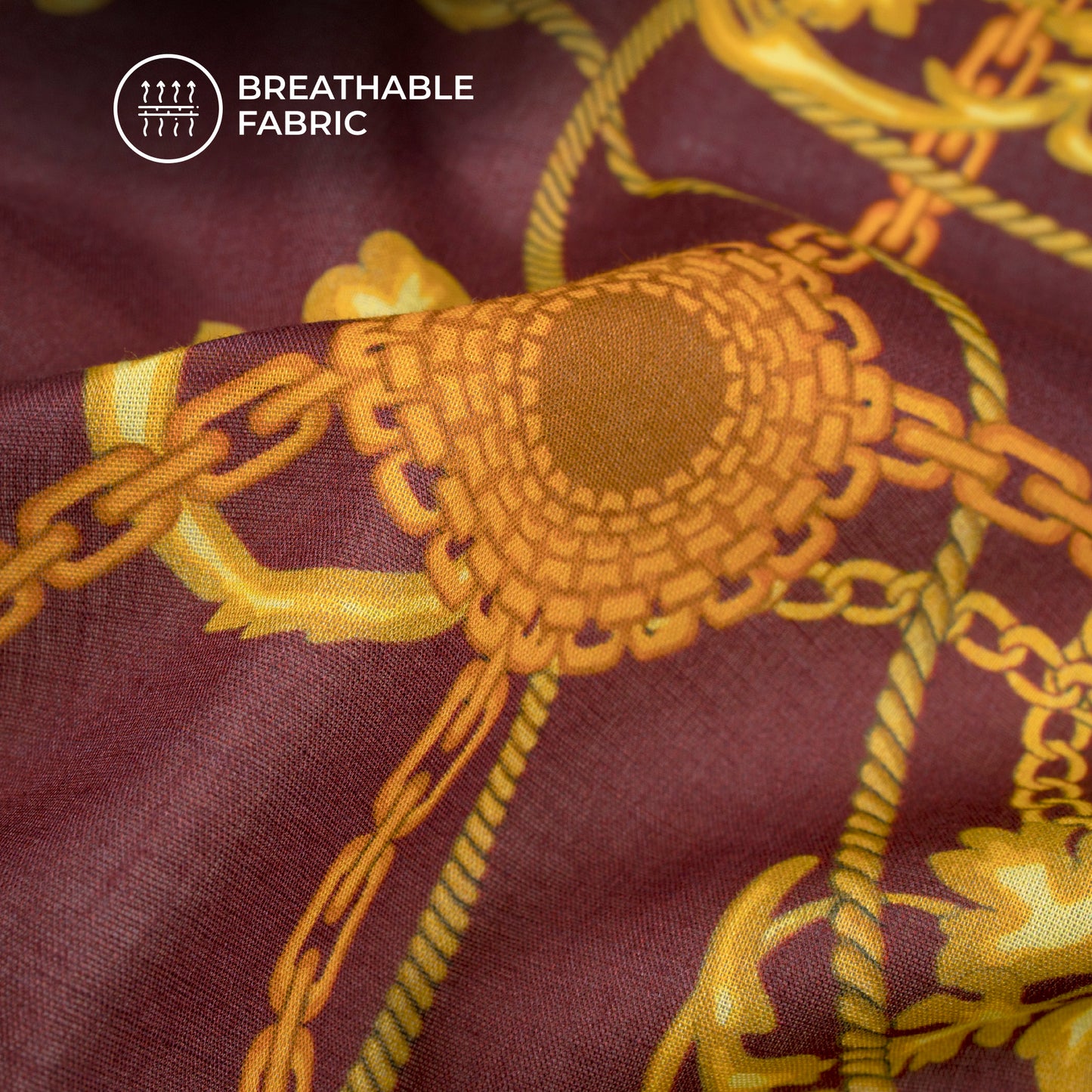 Burnt Umber Chain Digital Print Cotton Mulmul Fabric