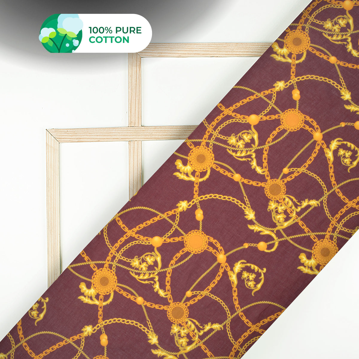 Burnt Umber Chain Digital Print Cotton Mulmul Fabric