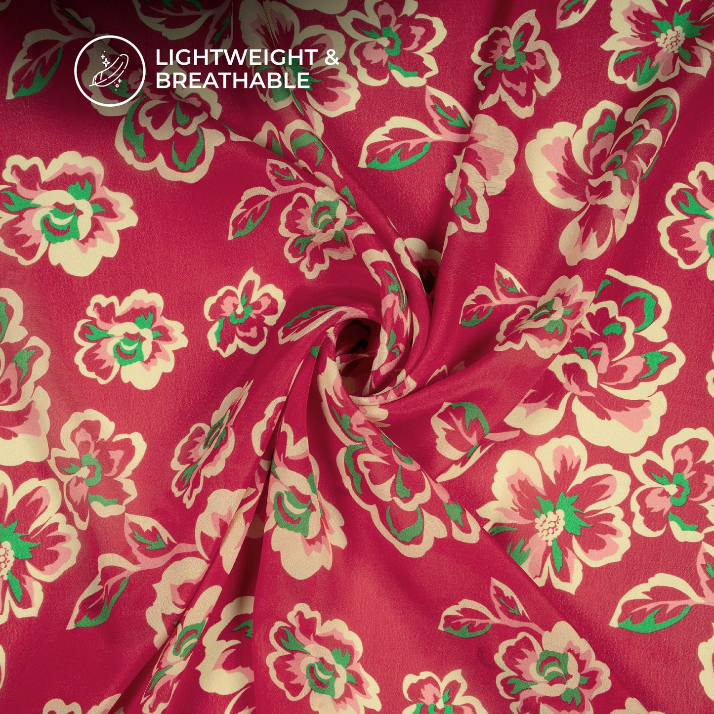 Rose Red Floral Digital Print Viscose Natural Crepe Fabric