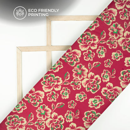 Rose Red Floral Digital Print Viscose Natural Crepe Fabric