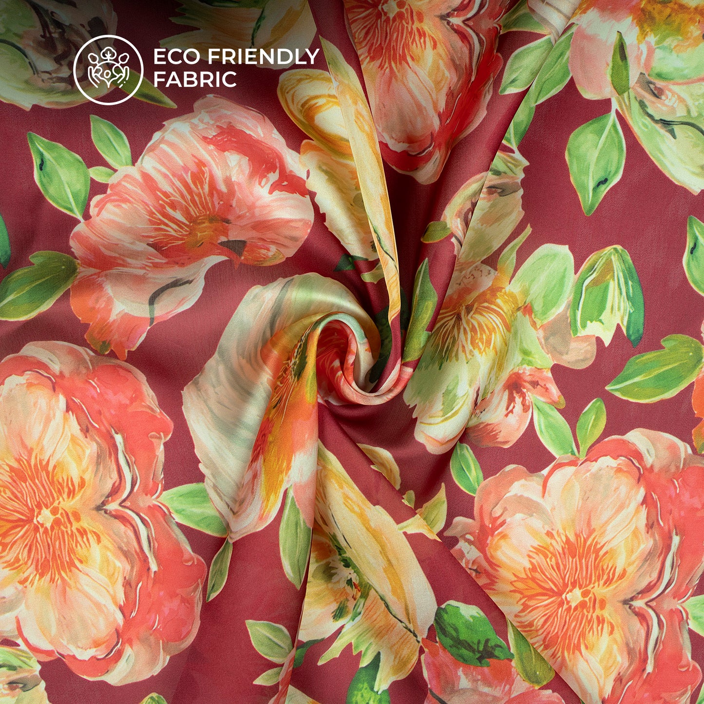 Cherry Red Floral Digital Print Georgette Satin Fabric